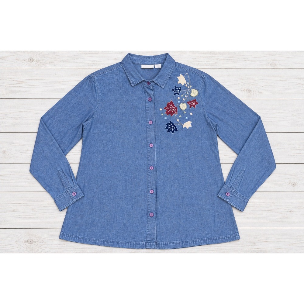 Blair Denim Shirt Embroidered Autumn Leaves Chambray Button Up Grandmacore XL
